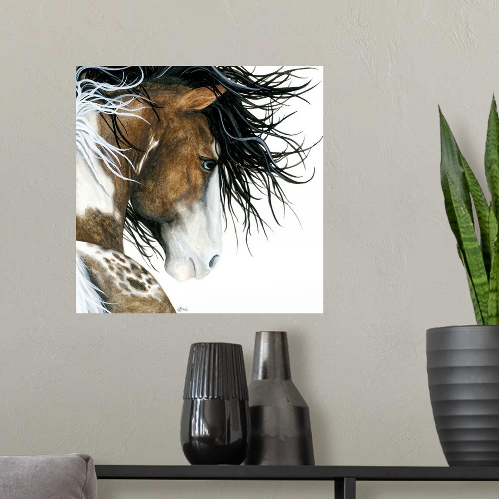 A modern room featuring Majestic Series of Native American inspired horse paintings of a Pintaloosa horse.