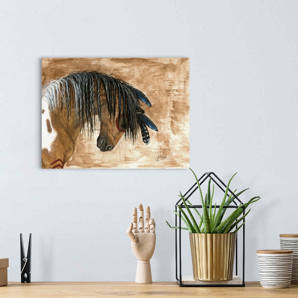 A bohemian room featuring Majestic Series of Native American inspired horse paintings of a mustang.