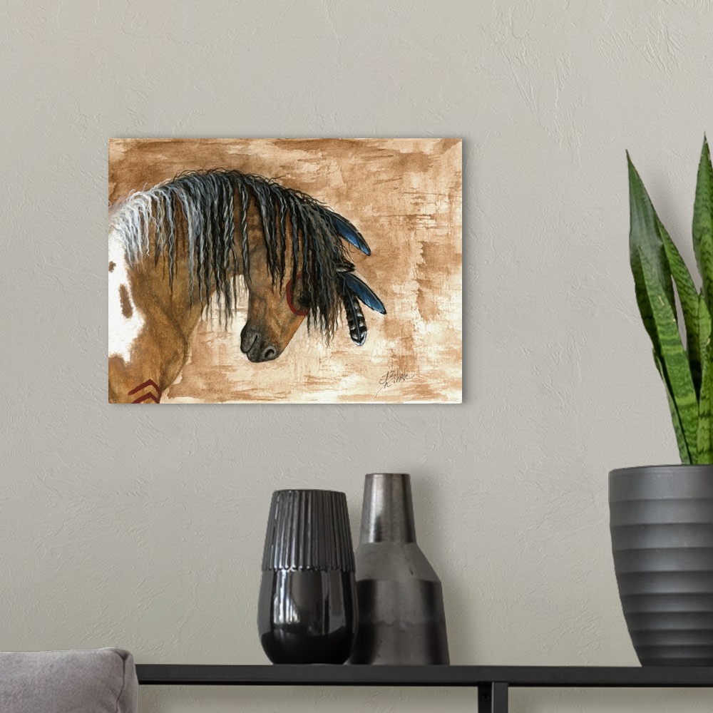 A modern room featuring Majestic Series of Native American inspired horse paintings of a mustang.