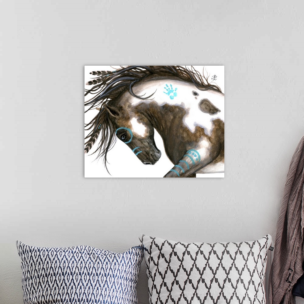 A bohemian room featuring Majestic Series of Native American inspired horse paintings of a painted mustang.