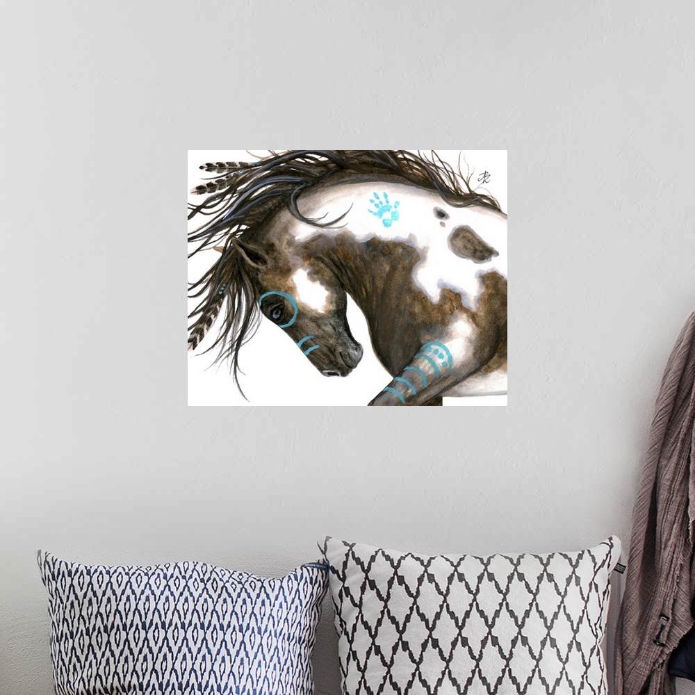A bohemian room featuring Majestic Series of Native American inspired horse paintings of a painted mustang.