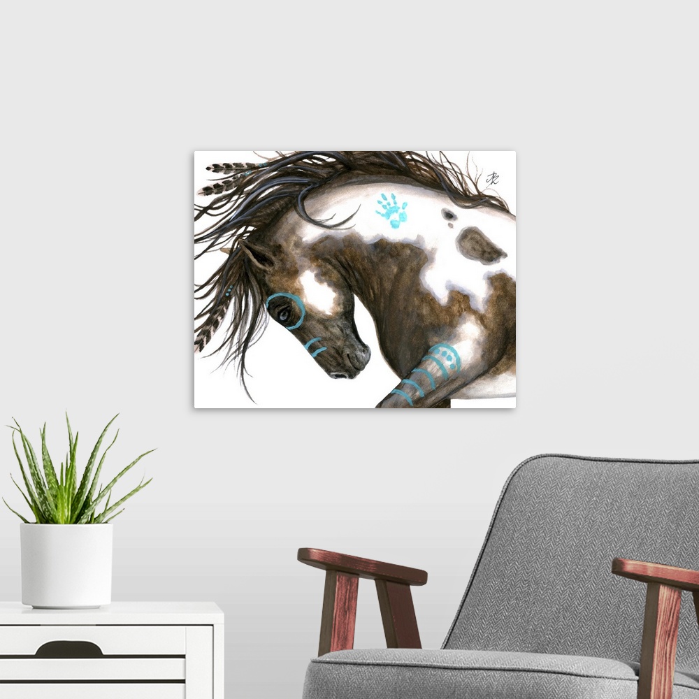 A modern room featuring Majestic Series of Native American inspired horse paintings of a painted mustang.