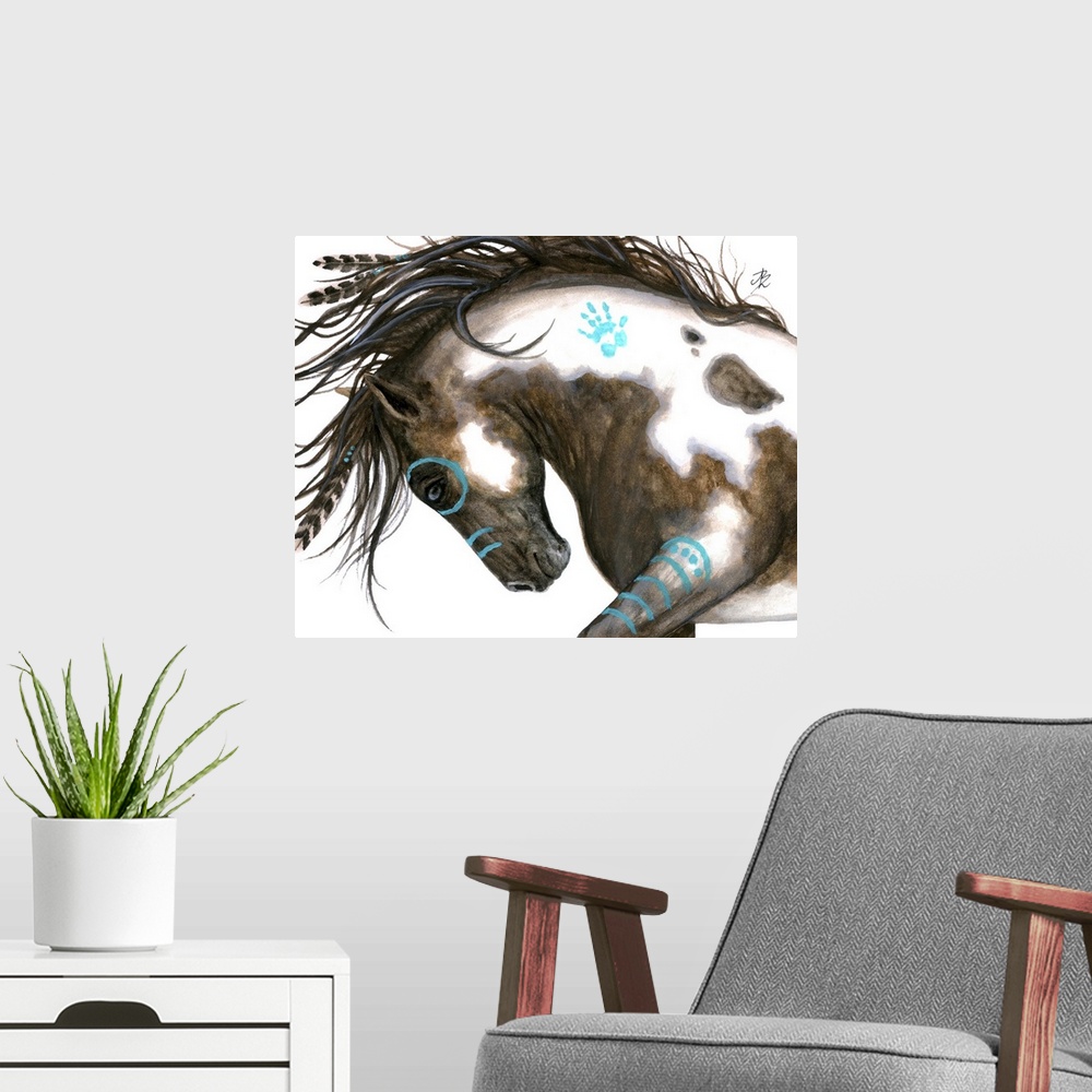 A modern room featuring Majestic Series of Native American inspired horse paintings of a painted mustang.