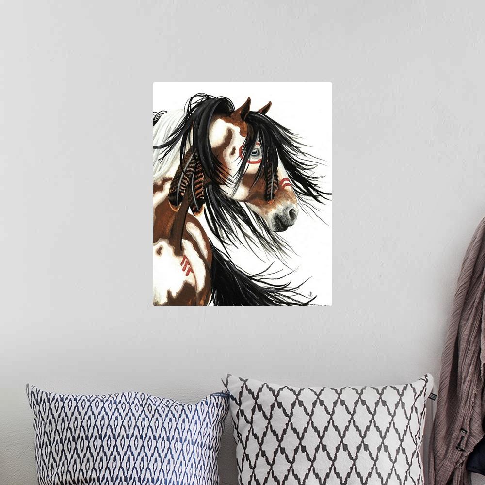 A bohemian room featuring Majestic Series of Native American inspired horse paintings of a paint mustang.