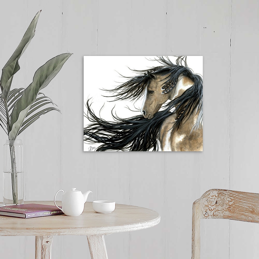 A farmhouse room featuring Majestic Series of Native American inspired horse paintings.