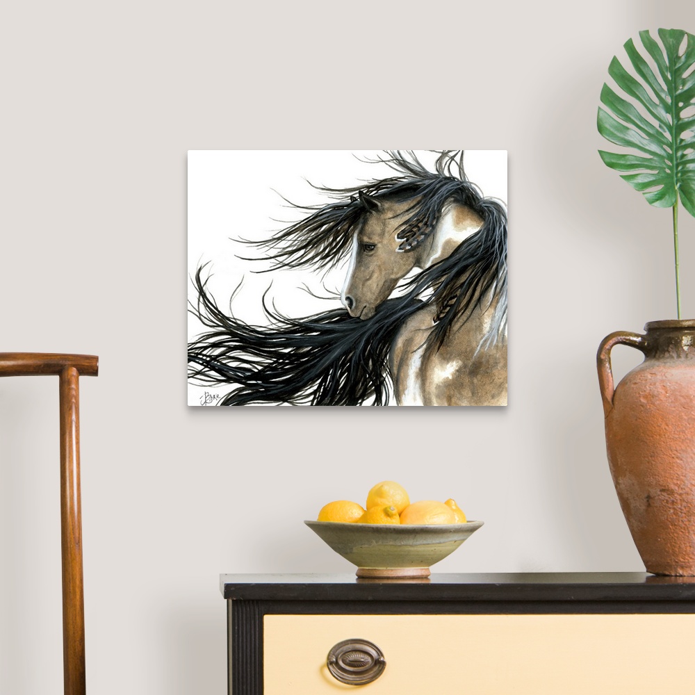 A traditional room featuring Majestic Series of Native American inspired horse paintings.