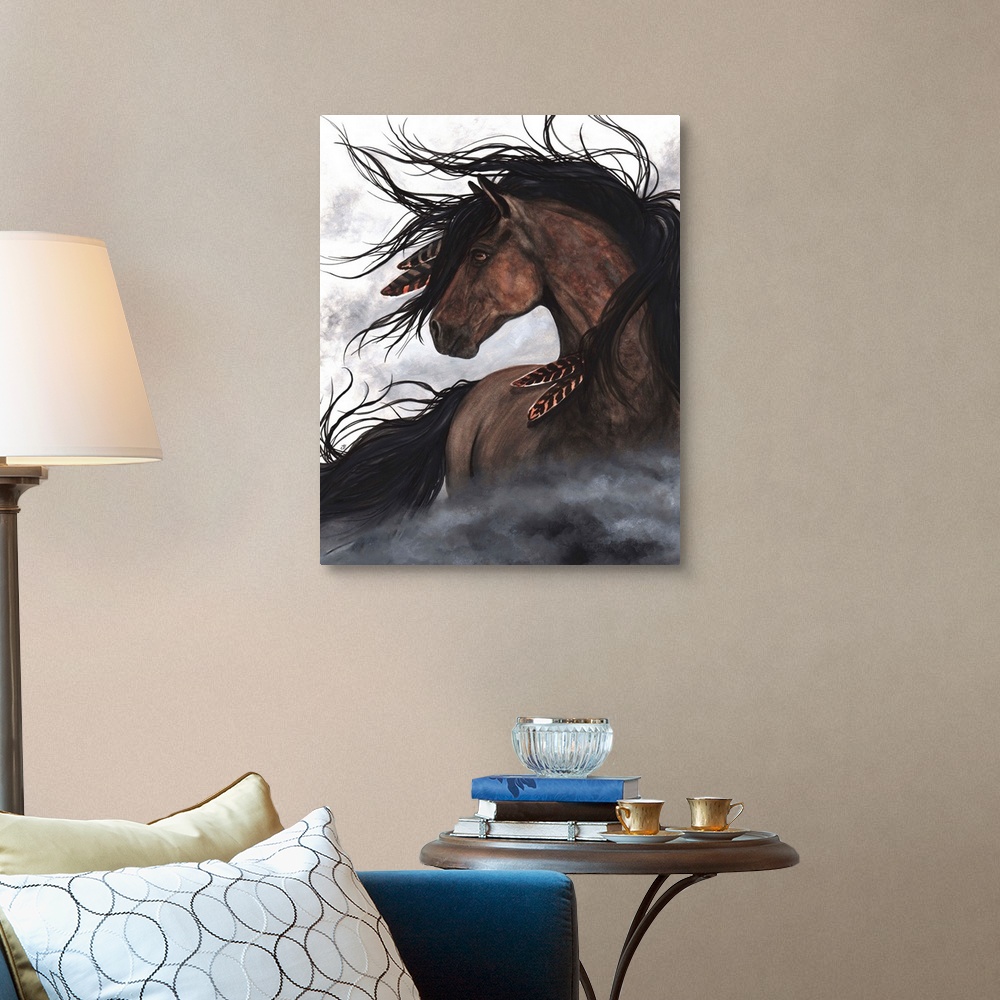 A traditional room featuring Majestic Series of Native American inspired horse paintings of a mustang.