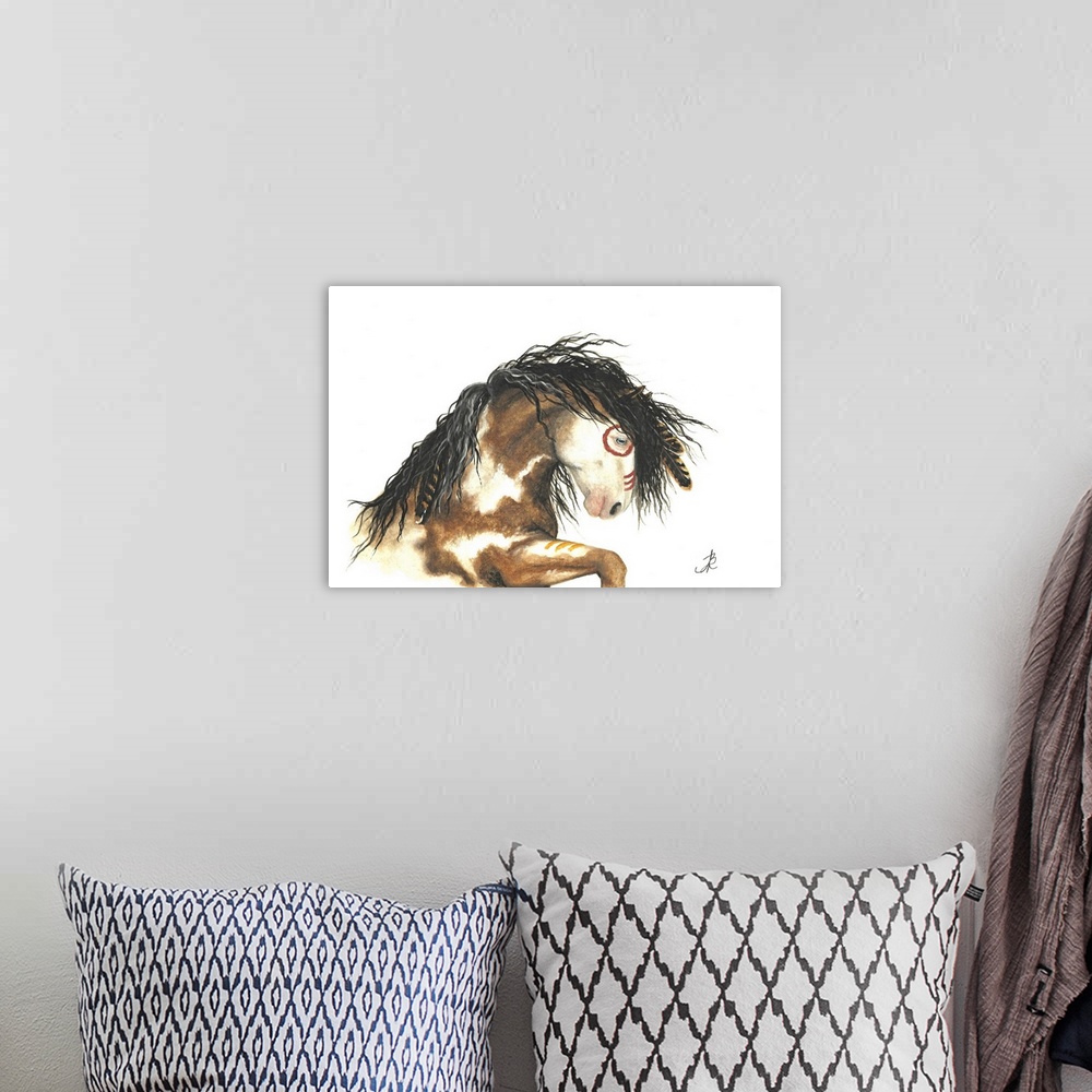 A bohemian room featuring Majestic Series of Native American inspired horse paintings of a paint mustang.