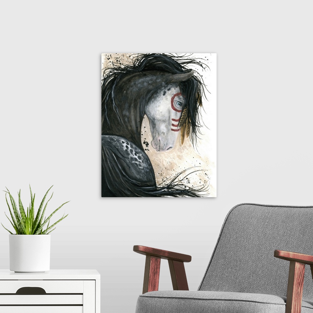 A modern room featuring Majestic Series of Native American inspired horse paintings of a Spotted Appaloosa.