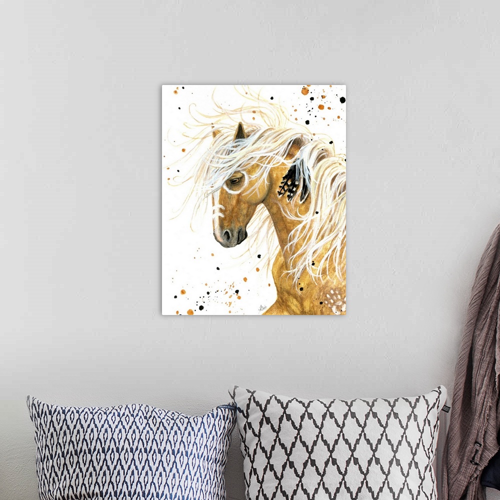 A bohemian room featuring Majestic Series of Native American inspired horse paintings.