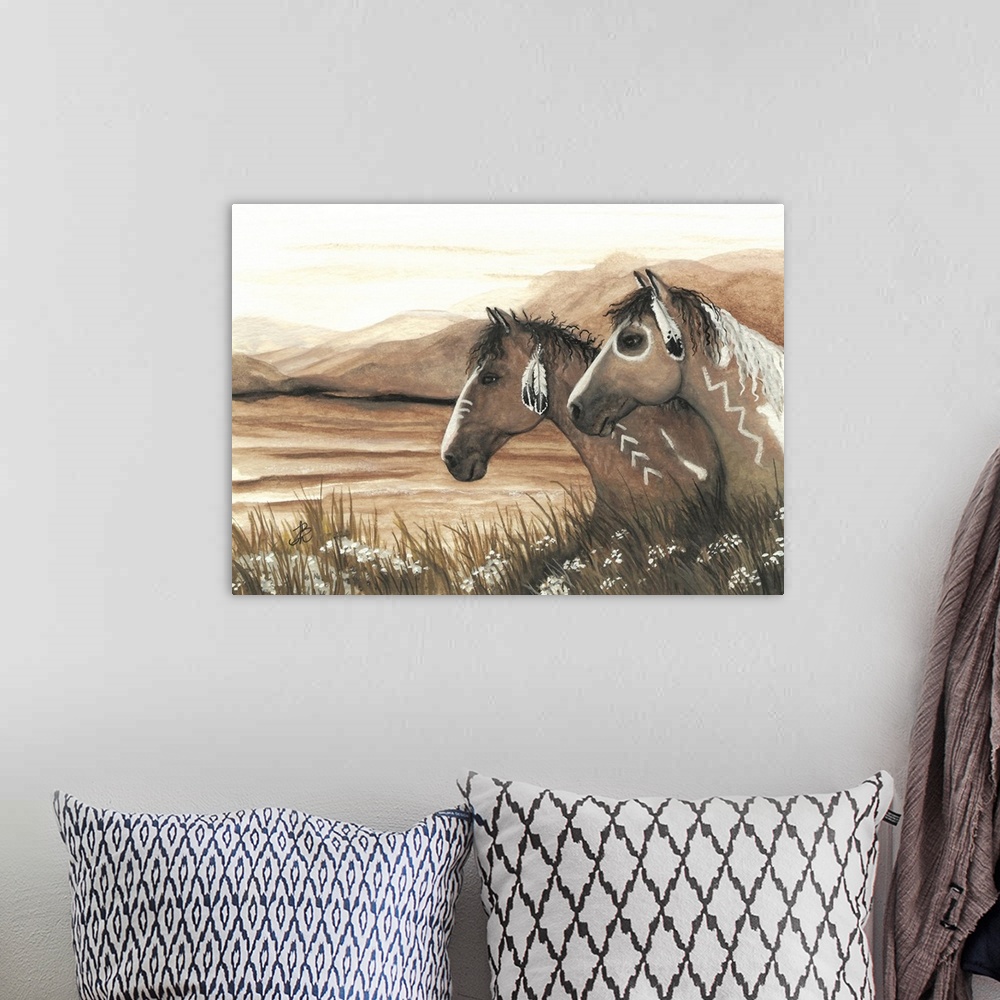 A bohemian room featuring Majestic Series of Native American inspired horse paintings of two pintos in a field.