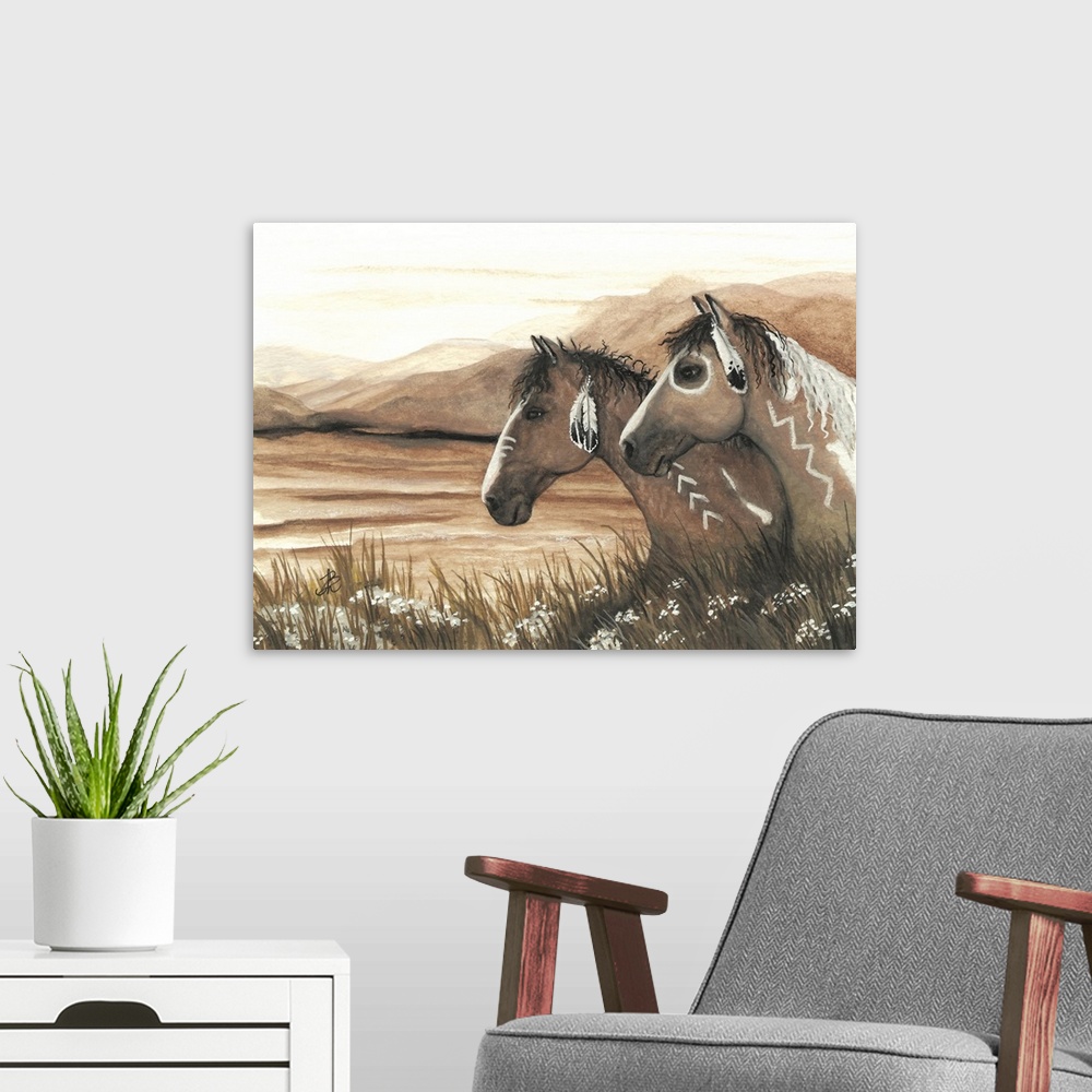 A modern room featuring Majestic Series of Native American inspired horse paintings of two pintos in a field.