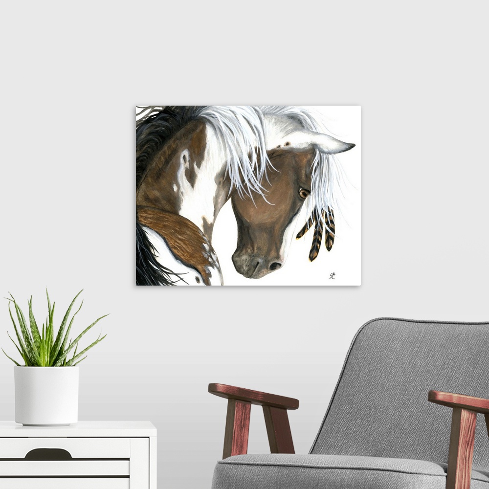 A modern room featuring Majestic Series of Native American inspired horse paintings of a pinto.