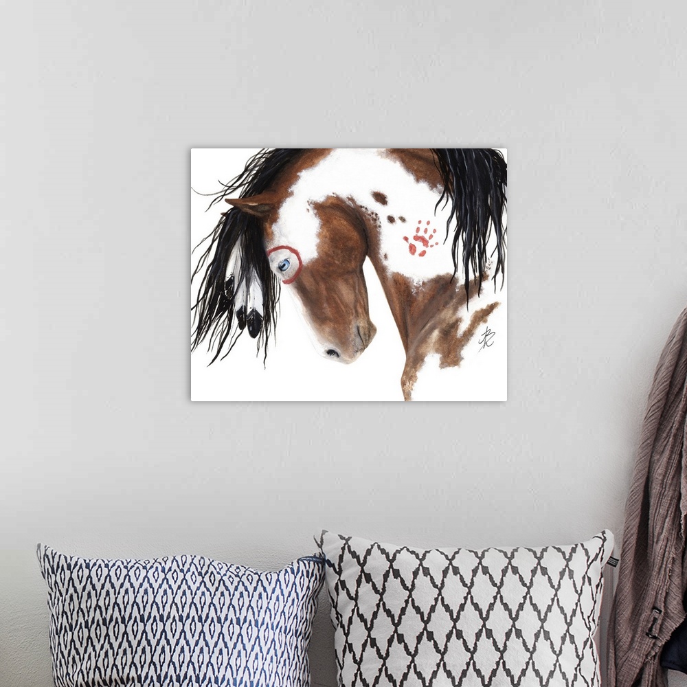 A bohemian room featuring Majestic Series of Native American inspired horse paintings of a pinto mustang.