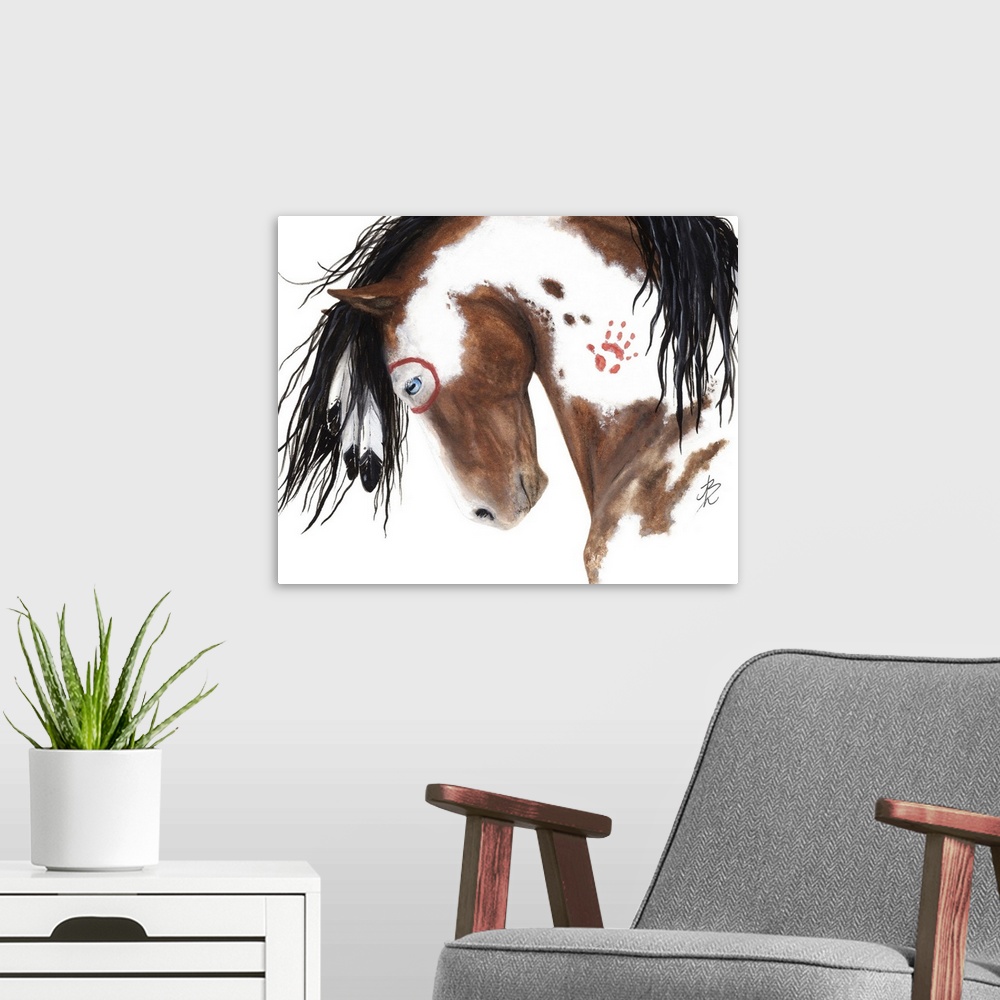 A modern room featuring Majestic Series of Native American inspired horse paintings of a pinto mustang.