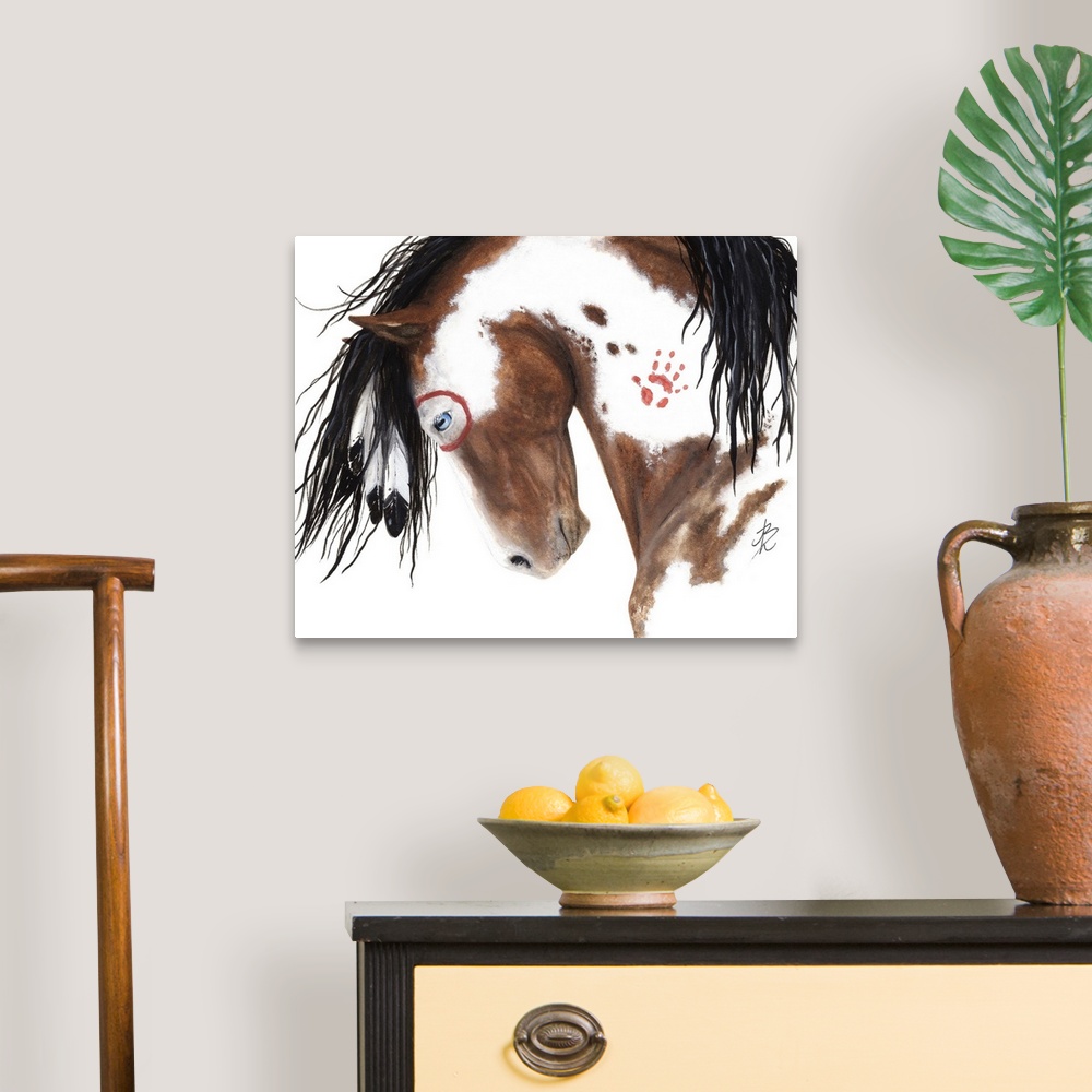 A traditional room featuring Majestic Series of Native American inspired horse paintings of a pinto mustang.