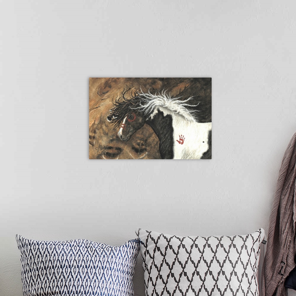 A bohemian room featuring Majestic Series of Native American inspired horse paintings of a Nagi Curly stallion.