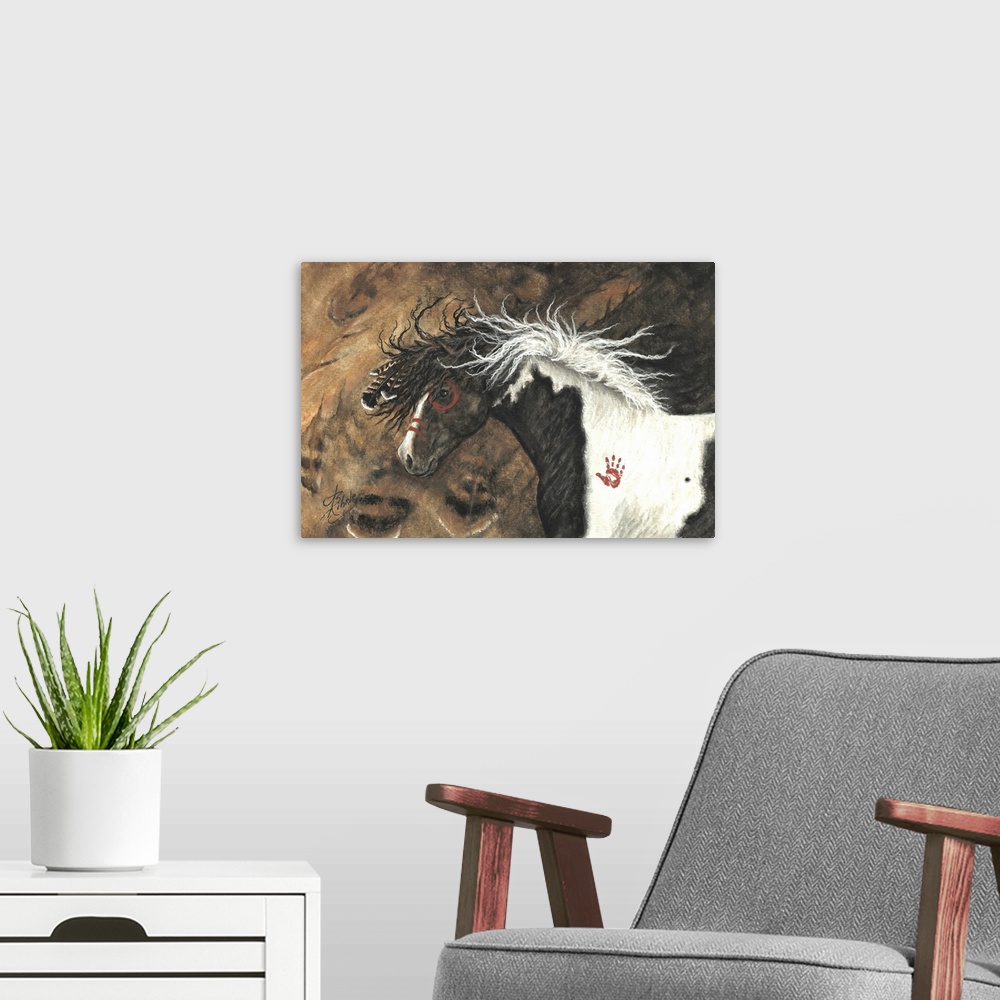 A modern room featuring Majestic Series of Native American inspired horse paintings of a Nagi Curly stallion.