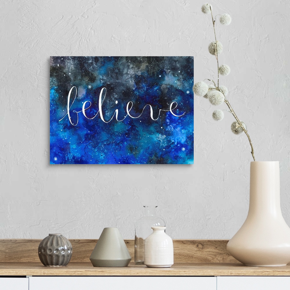 A farmhouse room featuring The word "Believe" handwritten on a starry night sky.