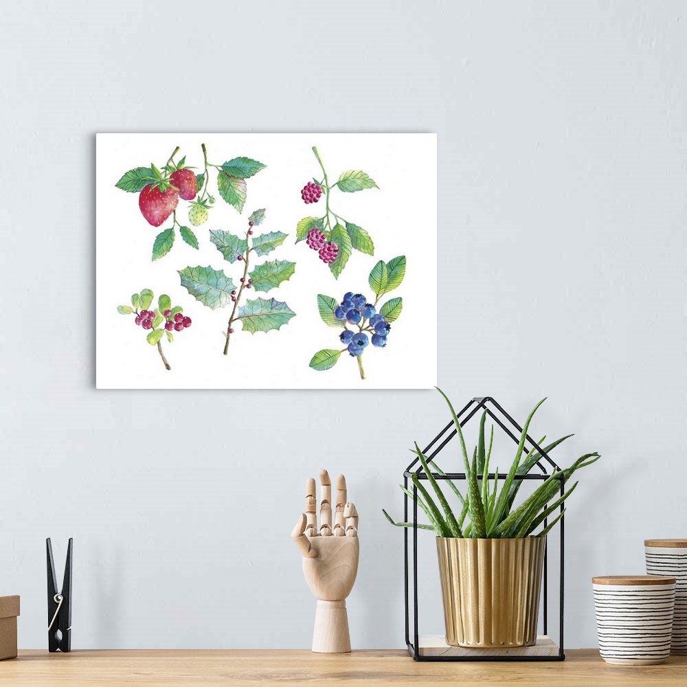 A bohemian room featuring Contemporary painting of a collection of wild berries, including strawberries, blueberries, and h...