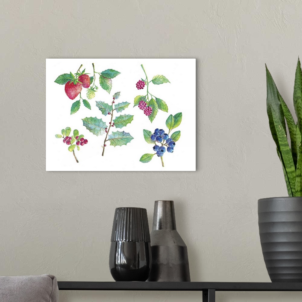 A modern room featuring Contemporary painting of a collection of wild berries, including strawberries, blueberries, and h...