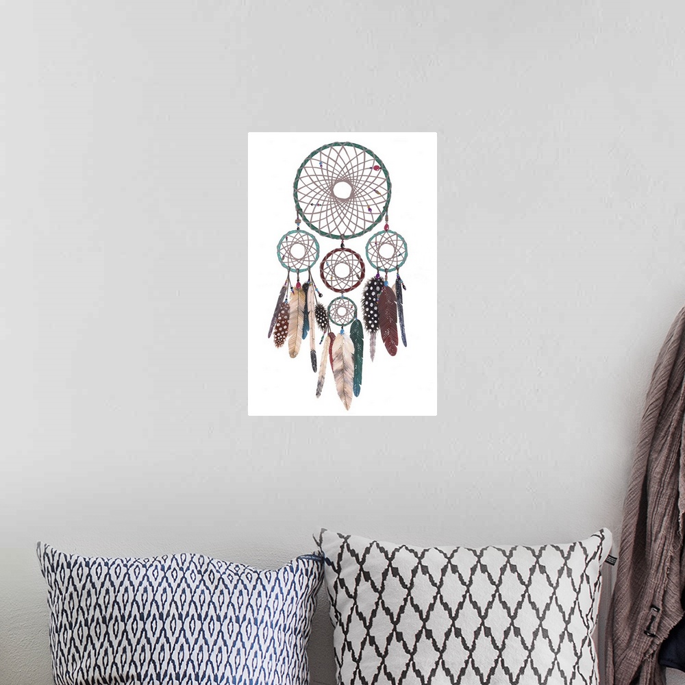 A bohemian room featuring Contemporary artwork of a large dreamcatcher with several hoops decorated with beads and feathers.