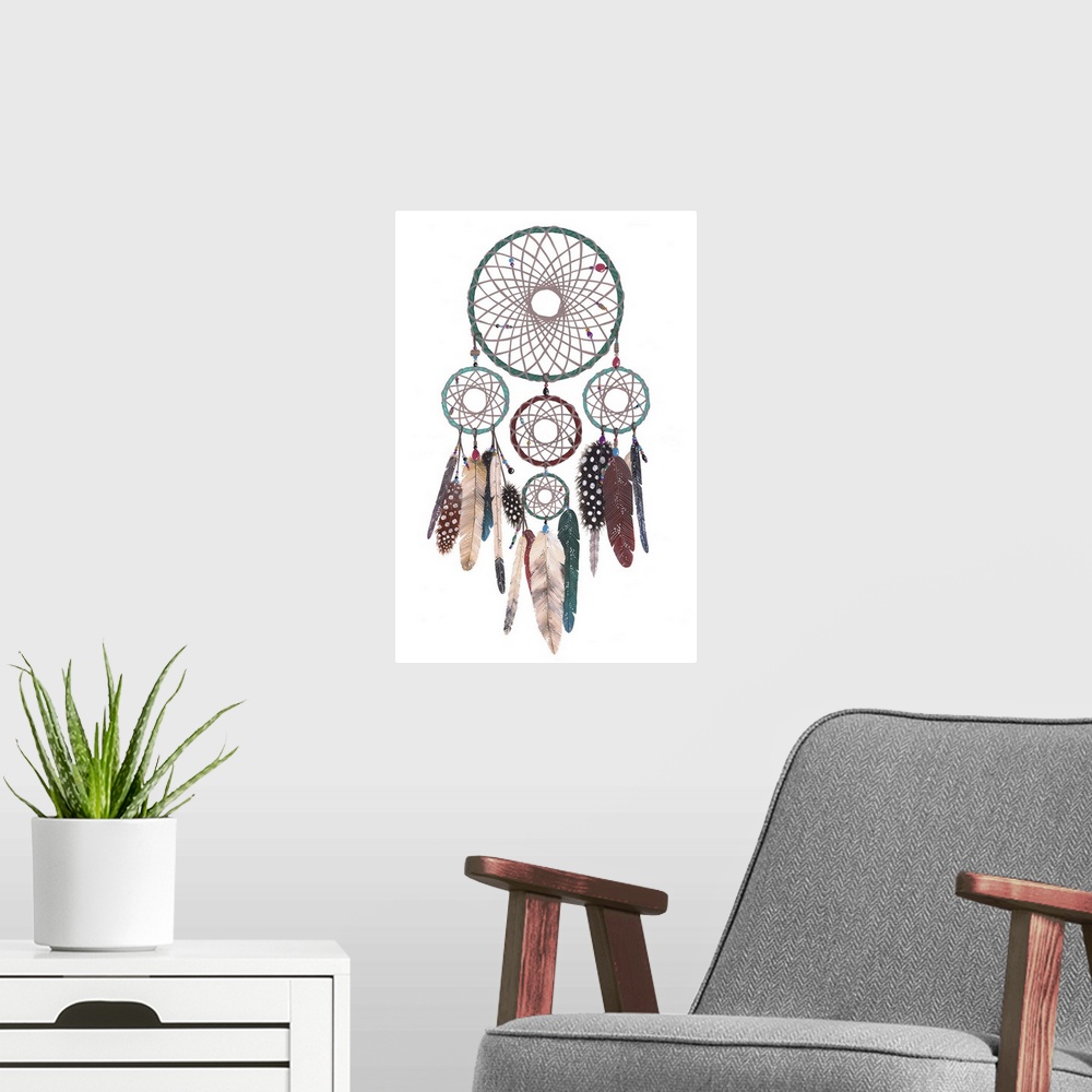 A modern room featuring Contemporary artwork of a large dreamcatcher with several hoops decorated with beads and feathers.