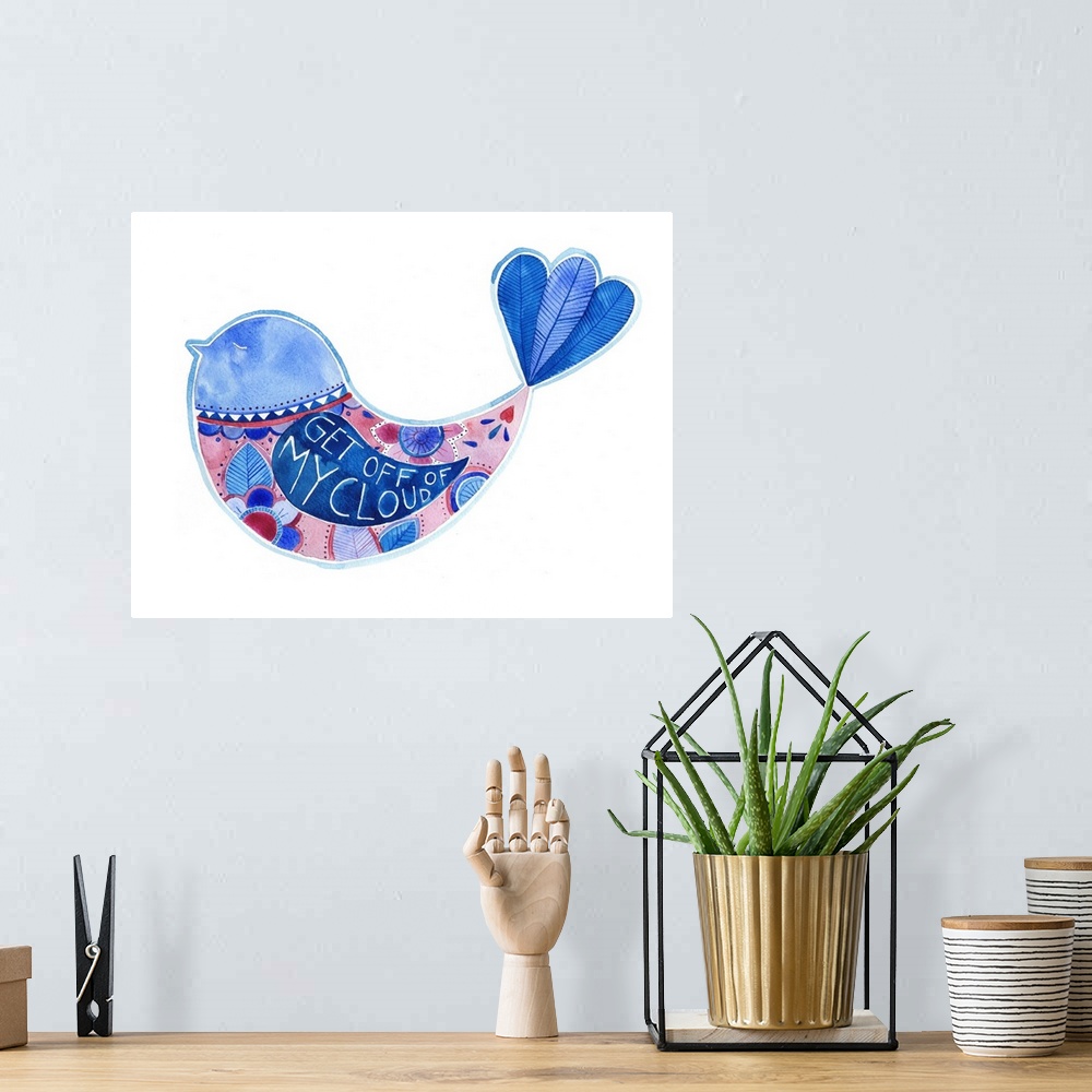 A bohemian room featuring Contemporary painting of a simple blue bird with text on its wing and a leaf motif.