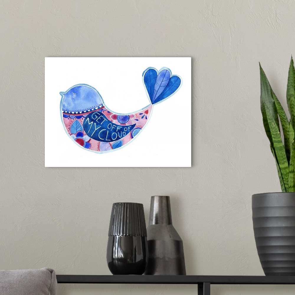 A modern room featuring Contemporary painting of a simple blue bird with text on its wing and a leaf motif.