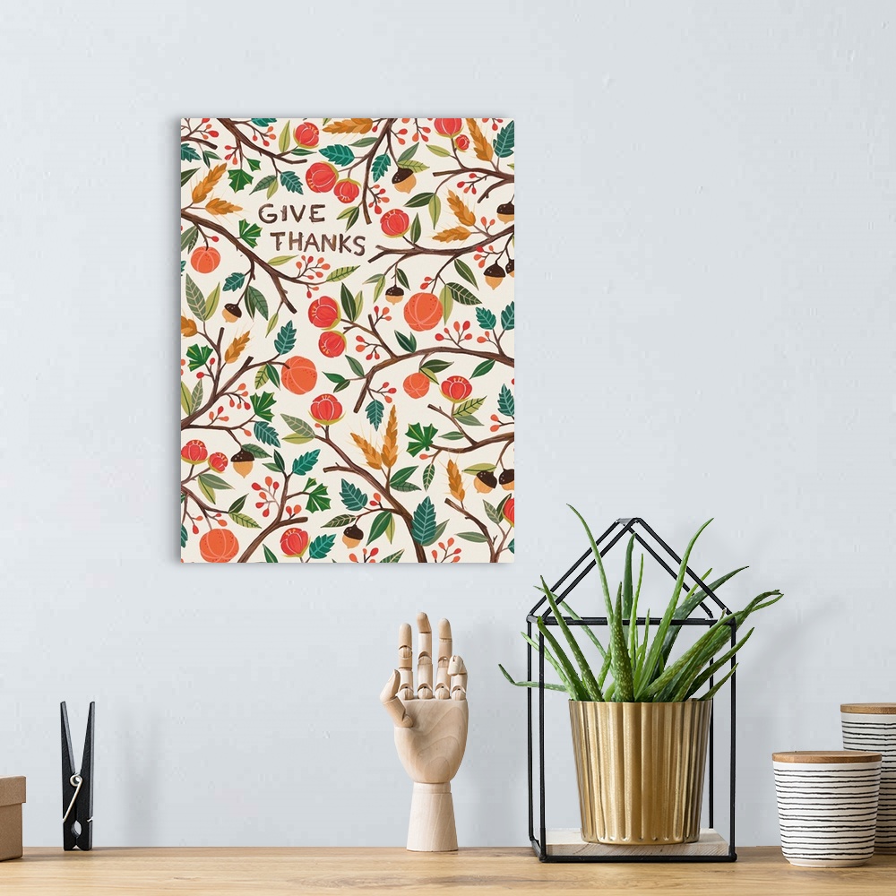 A bohemian room featuring Contemporary painting of several tree branches with lots of fruit and leaves in autumn.
