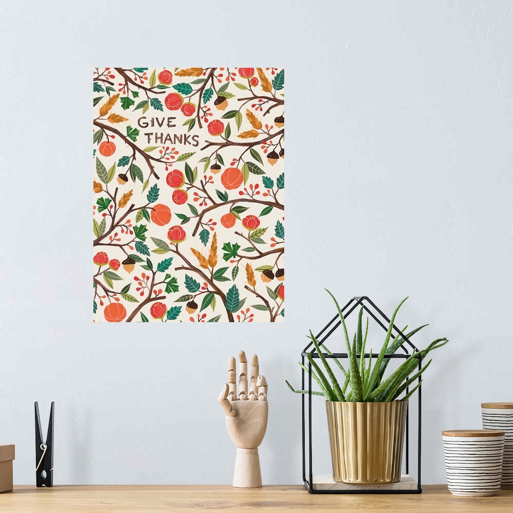 A bohemian room featuring Contemporary painting of several tree branches with lots of fruit and leaves in autumn.