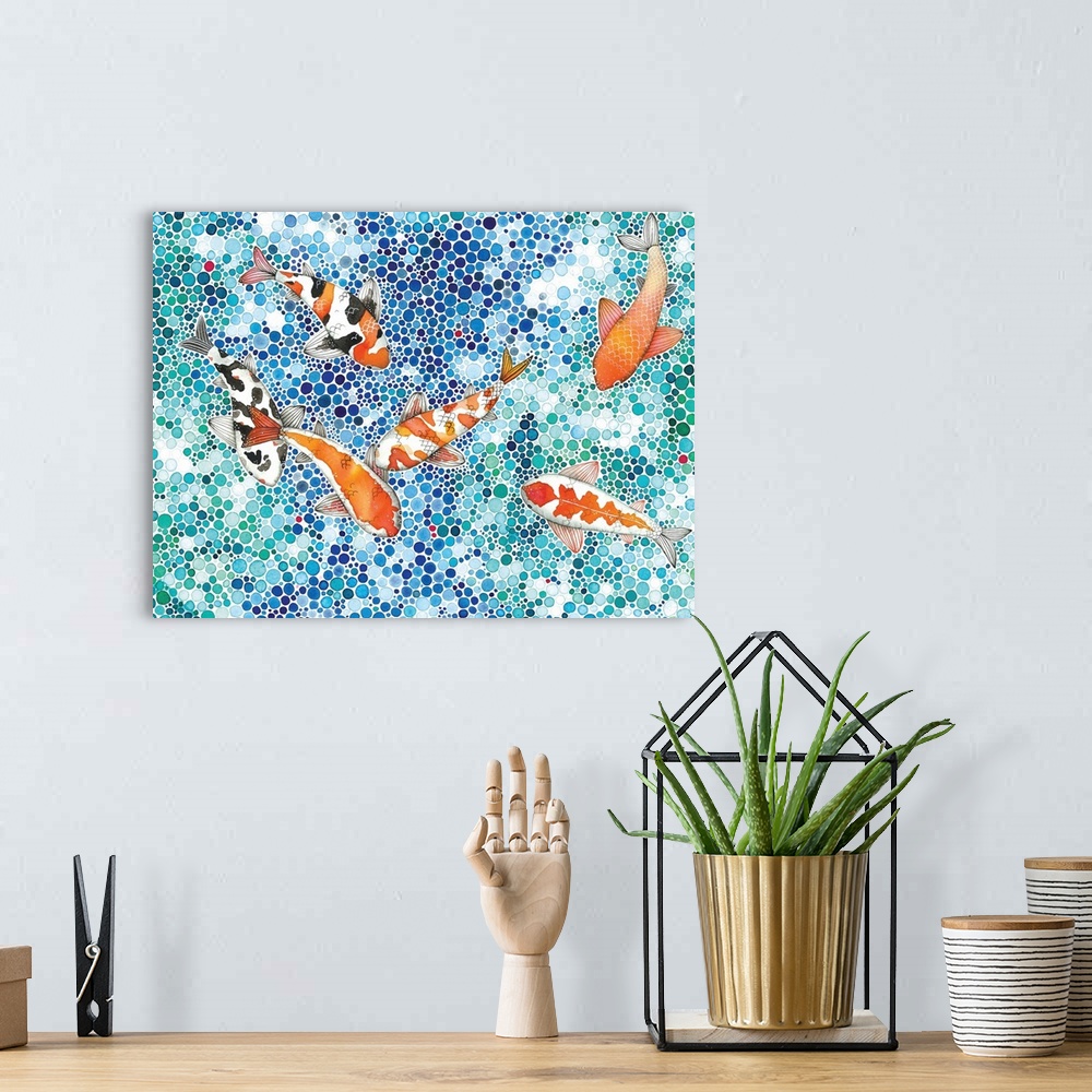 A bohemian room featuring Contemporary painting of six koi fish seen from above in a stylized pond made up of tiny circles.