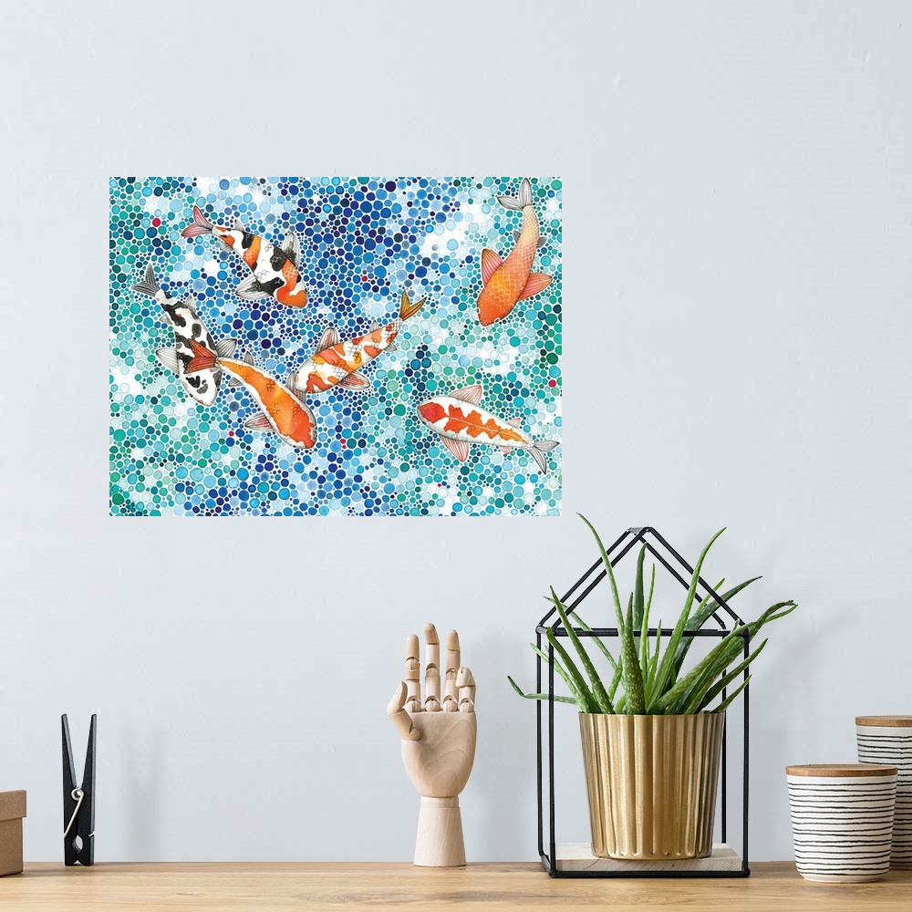 A bohemian room featuring Contemporary painting of six koi fish seen from above in a stylized pond made up of tiny circles.