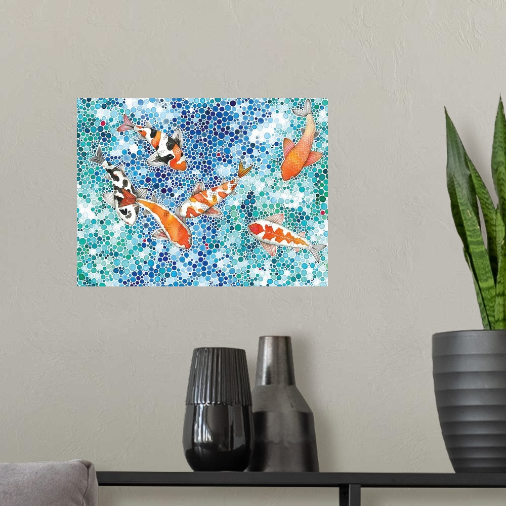 A modern room featuring Contemporary painting of six koi fish seen from above in a stylized pond made up of tiny circles.