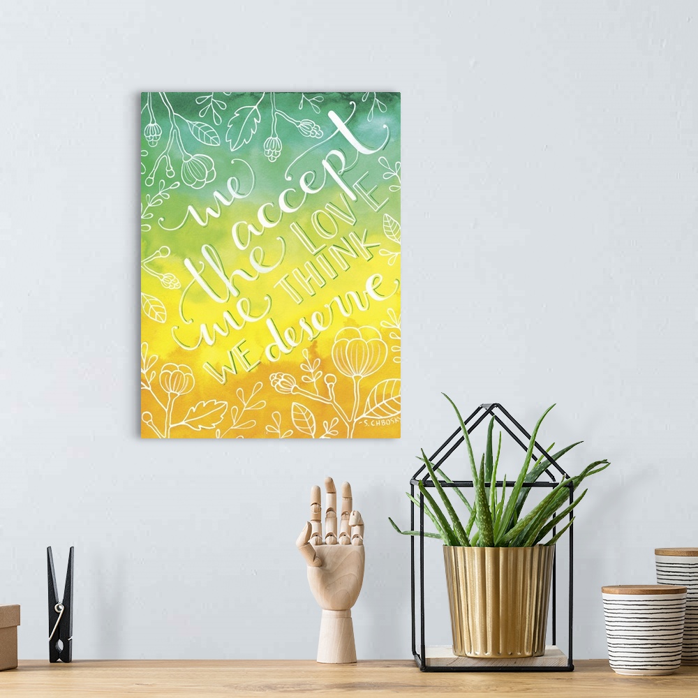 A bohemian room featuring Hand-lettered text about love surrounded by simple drawings of flowers and leaves on a gradient b...