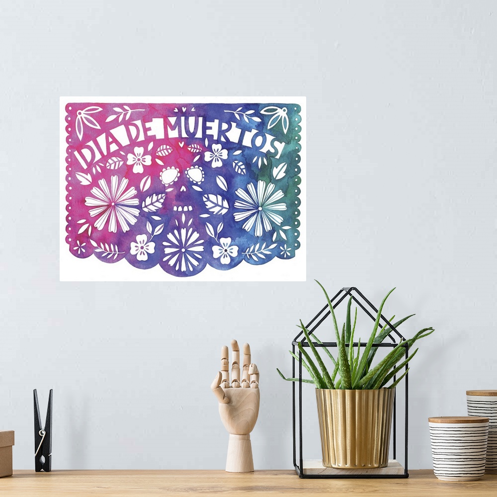 A bohemian room featuring Festive paper-cut style banner celebrating the Dia de Muertos with cutouts of flowers and leaves.