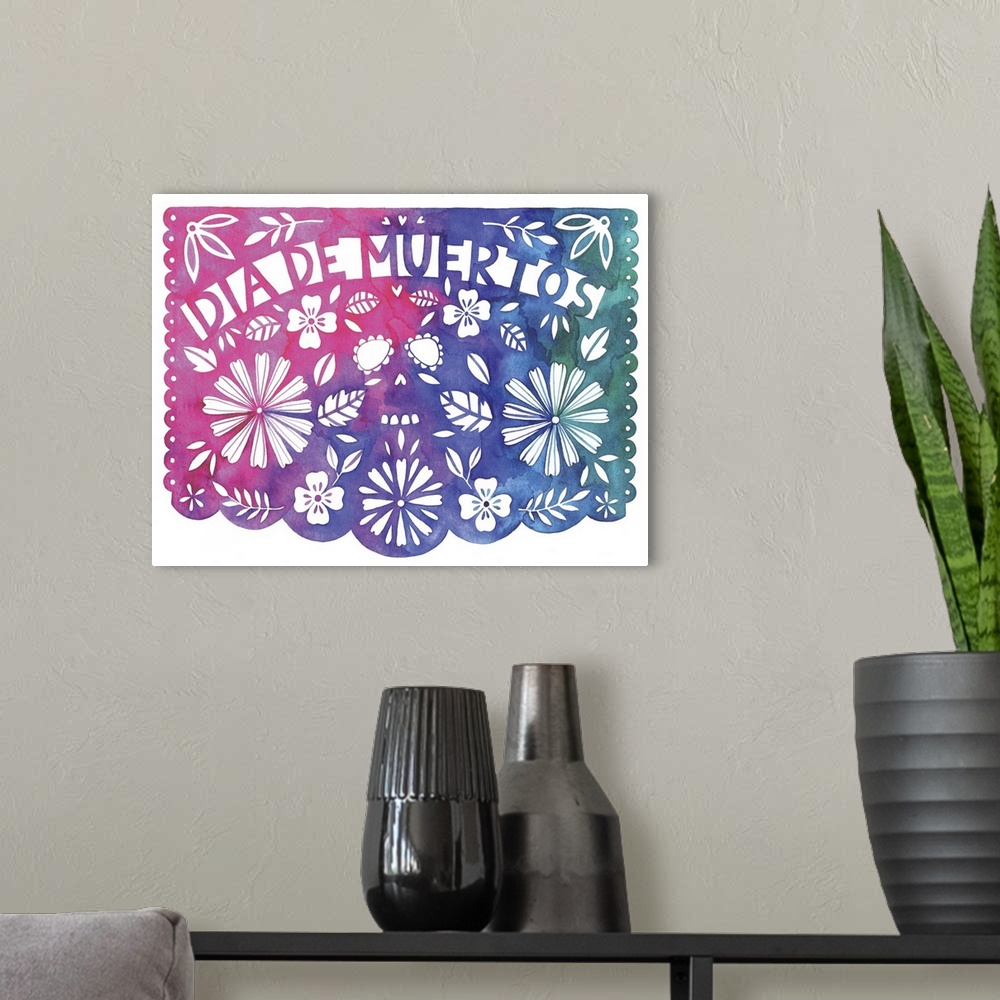 A modern room featuring Festive paper-cut style banner celebrating the Dia de Muertos with cutouts of flowers and leaves.