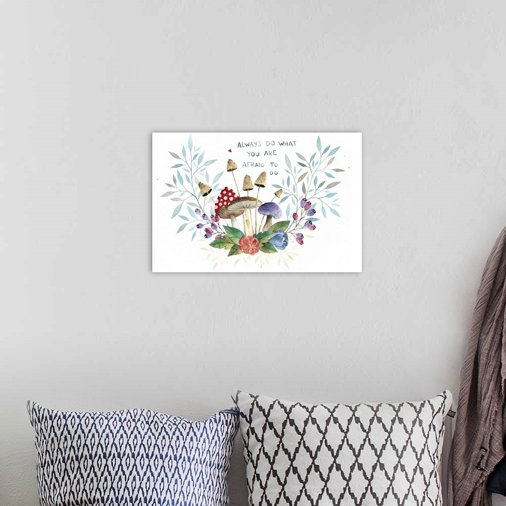 A bohemian room featuring Contemporary painting of a small group of mushrooms and leaves with text.