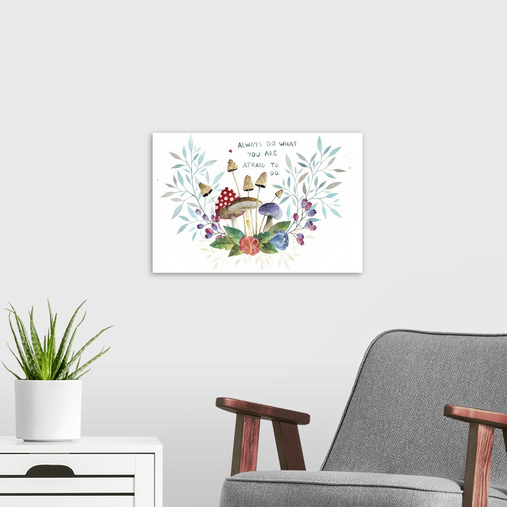 A modern room featuring Contemporary painting of a small group of mushrooms and leaves with text.