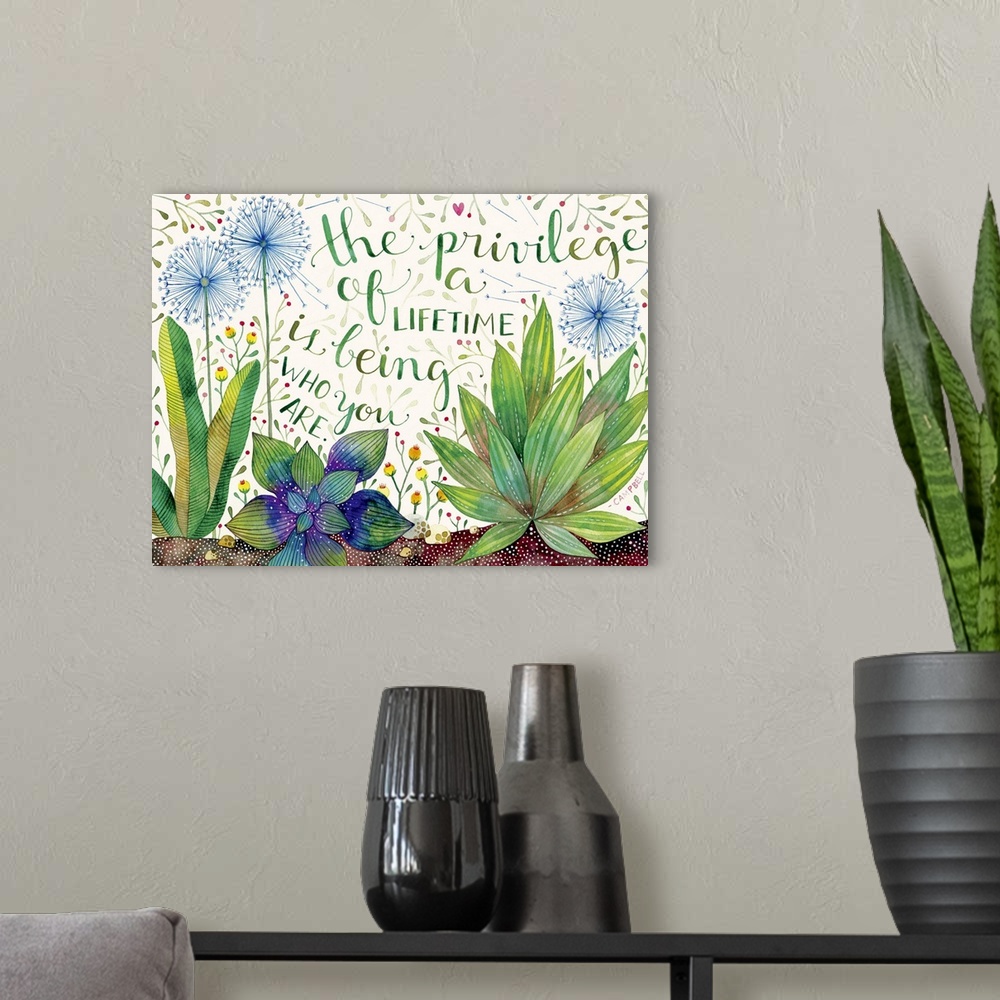 A modern room featuring Contemporary painting of small plants and dandelions under an inspirational quote.