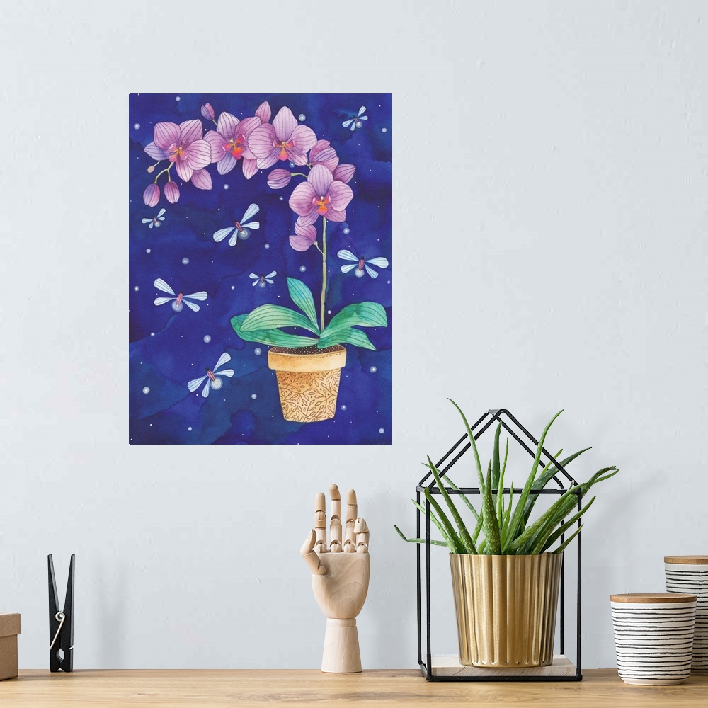 A bohemian room featuring Contemporary painting of a potted orchid in full bloom surrounded by fireflies.