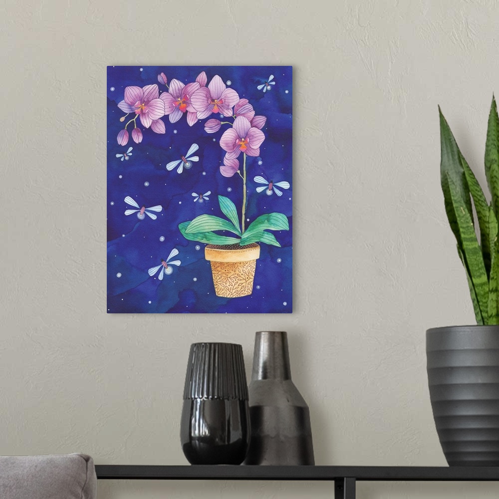 A modern room featuring Contemporary painting of a potted orchid in full bloom surrounded by fireflies.