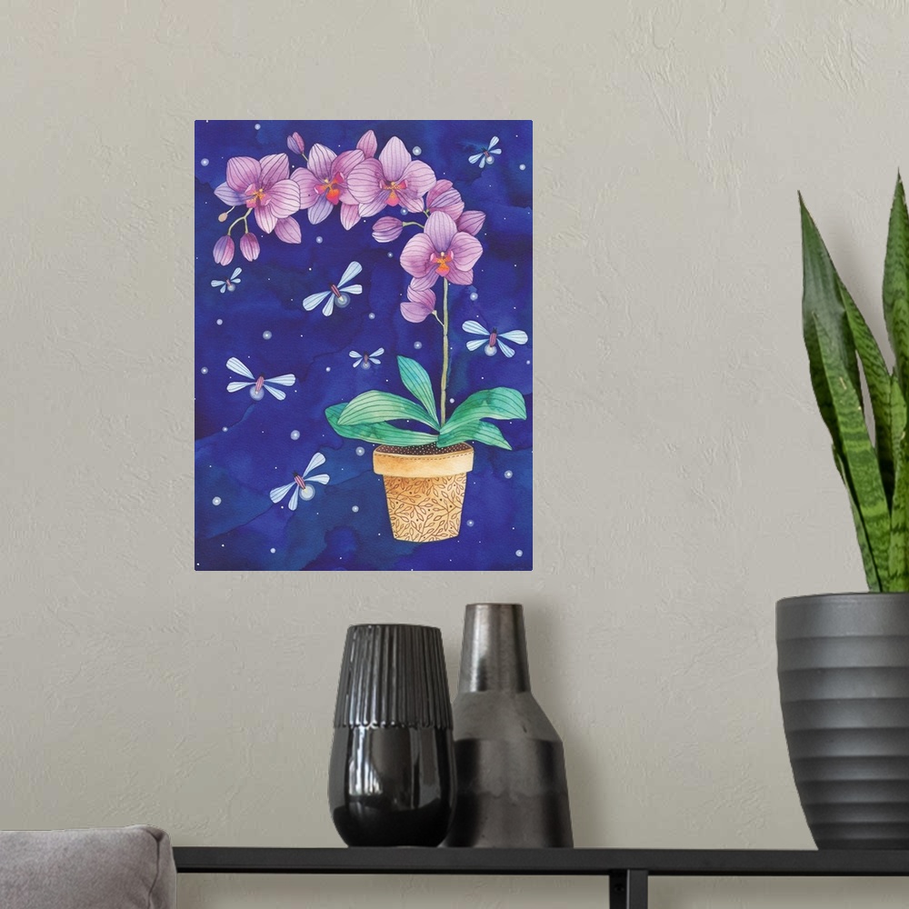 A modern room featuring Contemporary painting of a potted orchid in full bloom surrounded by fireflies.
