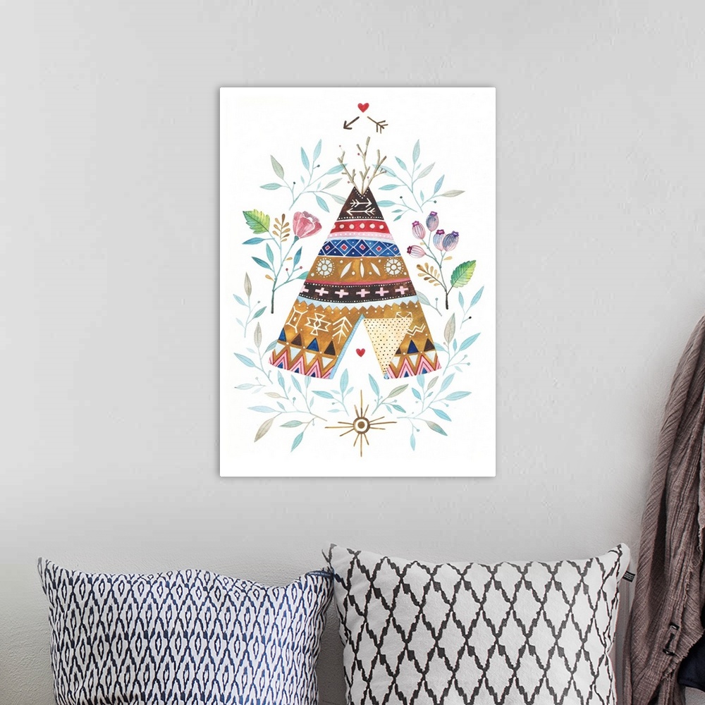 A bohemian room featuring Contemporary painting of a teepee hut decorated in traditional Native American motifs.