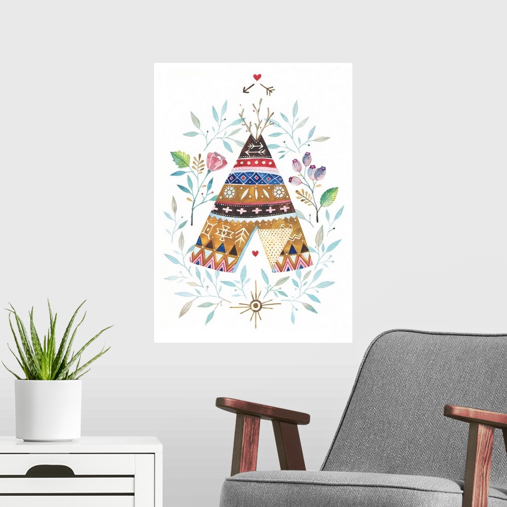 A modern room featuring Contemporary painting of a teepee hut decorated in traditional Native American motifs.