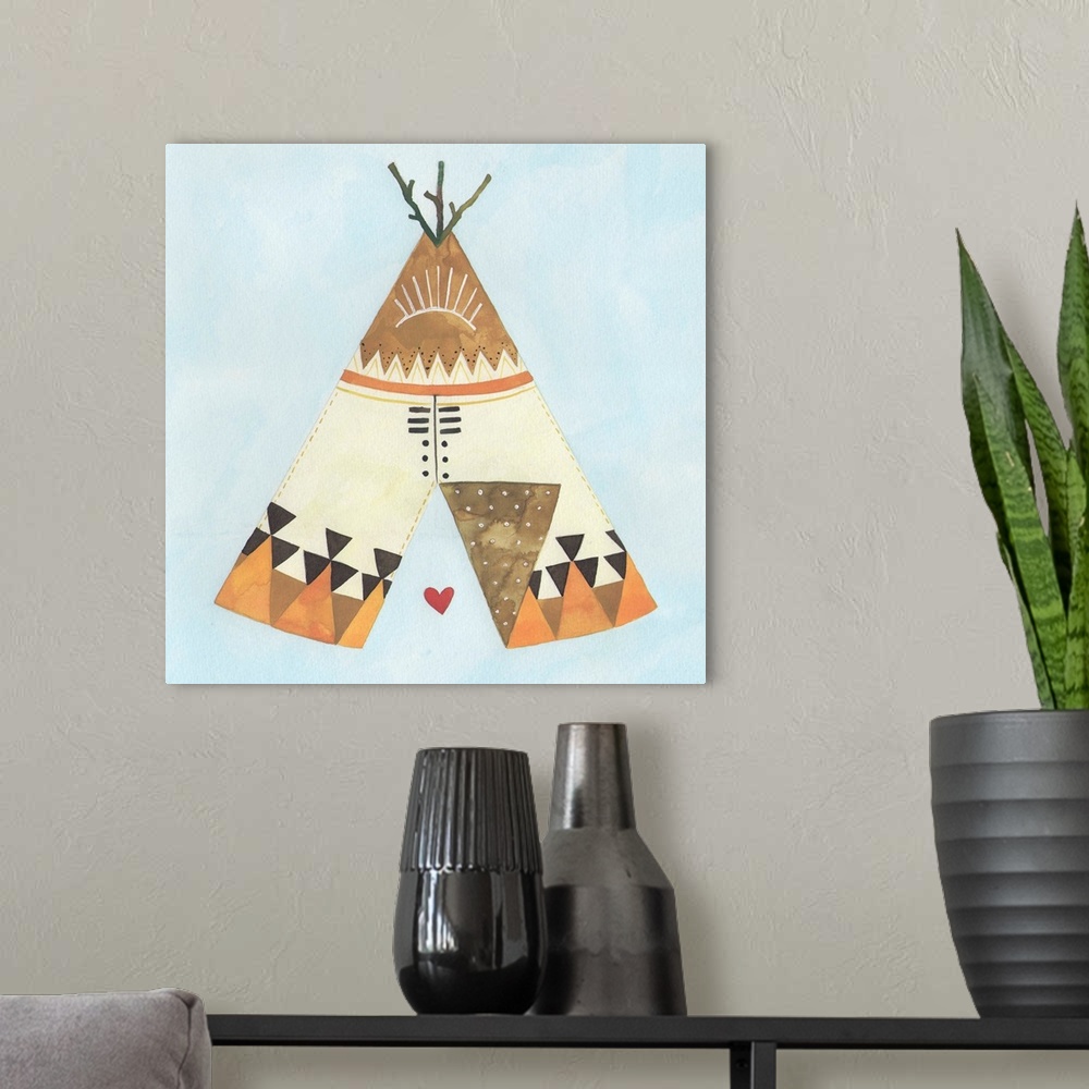 A modern room featuring Contemporary painting of a teepee hut decorated in traditional Native American motifs.