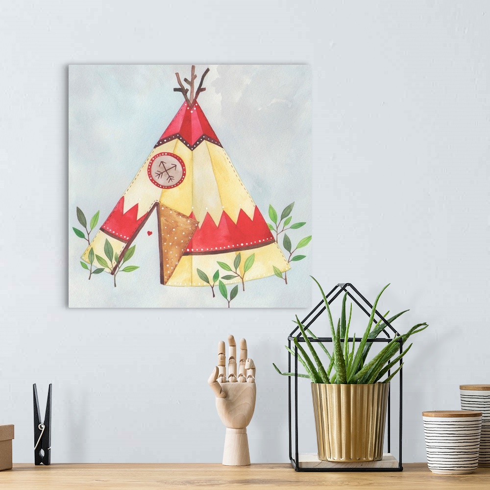 A bohemian room featuring Contemporary painting of a teepee hut decorated in traditional Native American motifs.