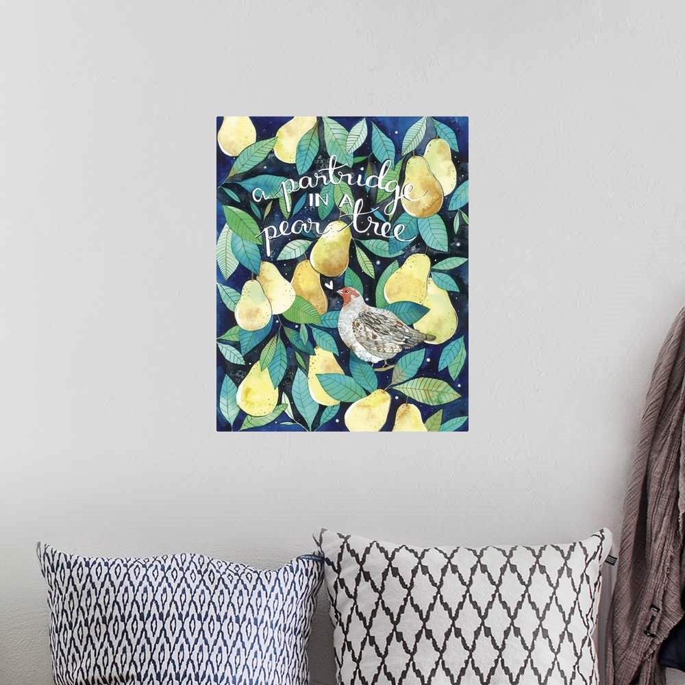 A bohemian room featuring Beautiful watercolor painting of a Partridge bird sitting amongst ripe yellow pears and green lea...