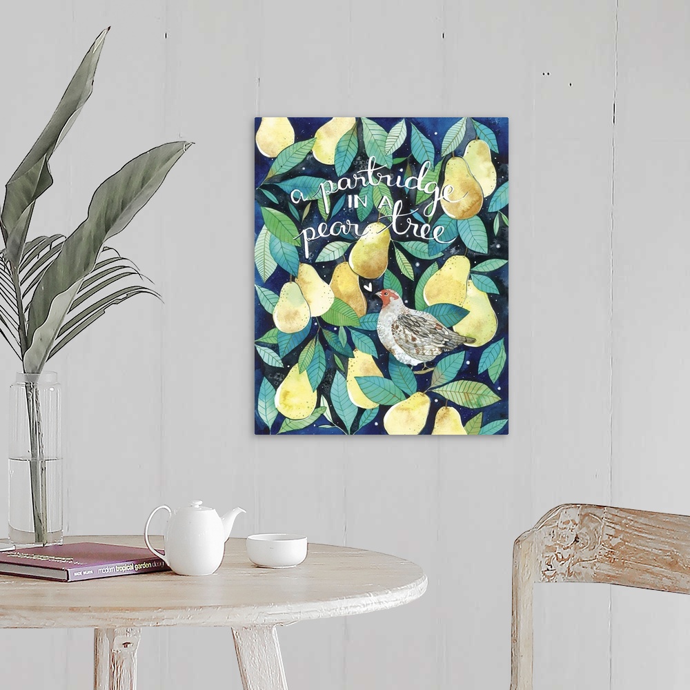 A farmhouse room featuring Beautiful watercolor painting of a Partridge bird sitting amongst ripe yellow pears and green lea...