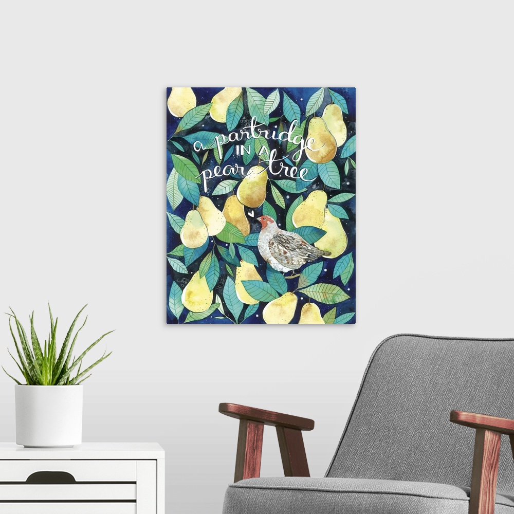 A modern room featuring Beautiful watercolor painting of a Partridge bird sitting amongst ripe yellow pears and green lea...